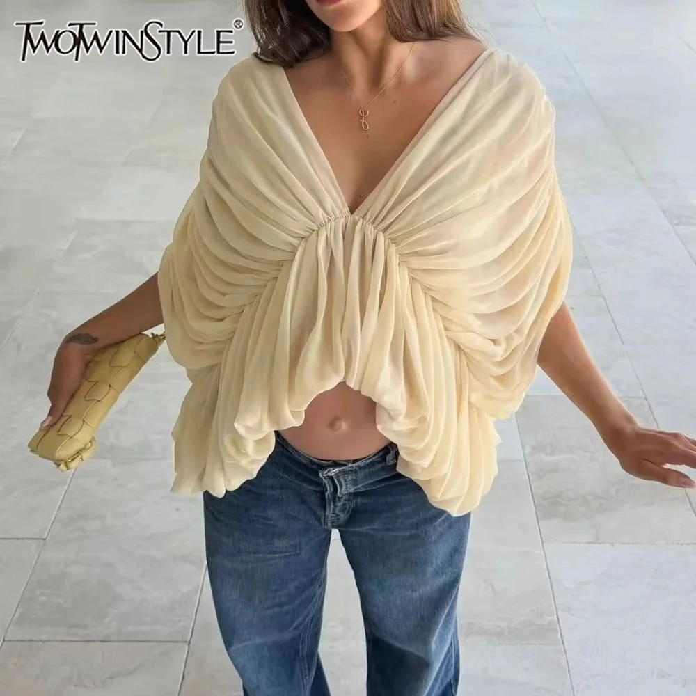 TWOTWINSTYLE Khaki Draped Shirts for Women Deep V Neck Batwing Sleeve Gathered Front Cropped Shirt for Summer Casual Streetwear
