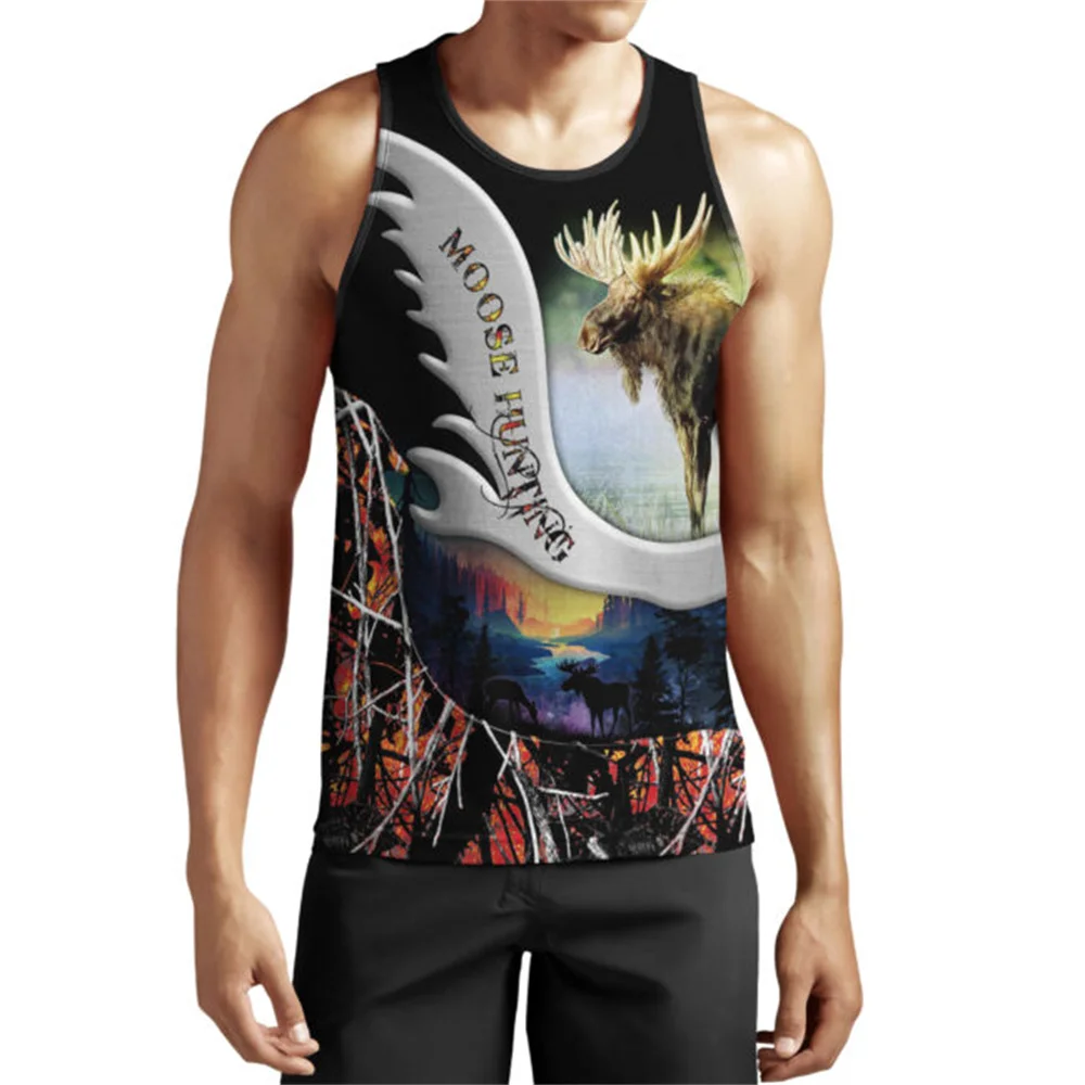 MSIEESO Brand Men Vest 3D Graphics Moose Hunting  Printed Male Tank Tops Fashion Sleeveless Hip Hop Streetwear Crew Neck Tops