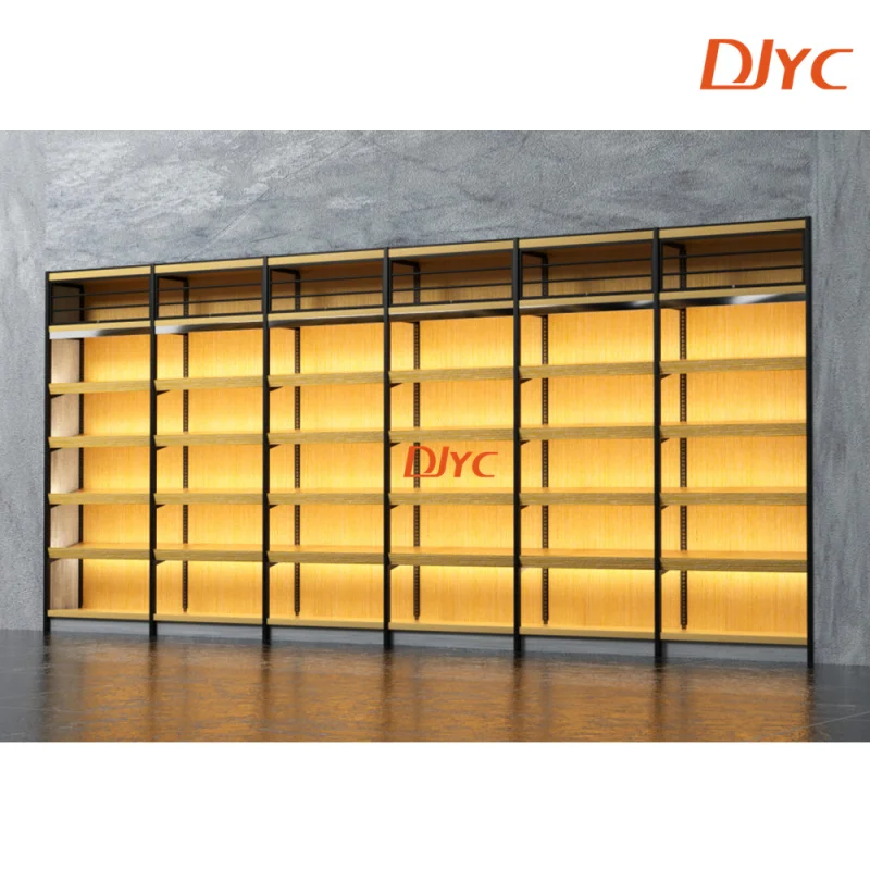 custom.Customized Supermarket Wooden Shelf Single Side Display Wine Racks Retail Store Shelving Shop Shelves With LED Light