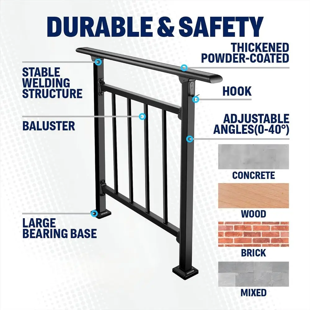 4 Steps Outdoor Handrails, Black Wrought Iron Railing for Exterior Steps, Transitional Balusters, Hook & Kit for Concrete or Woo