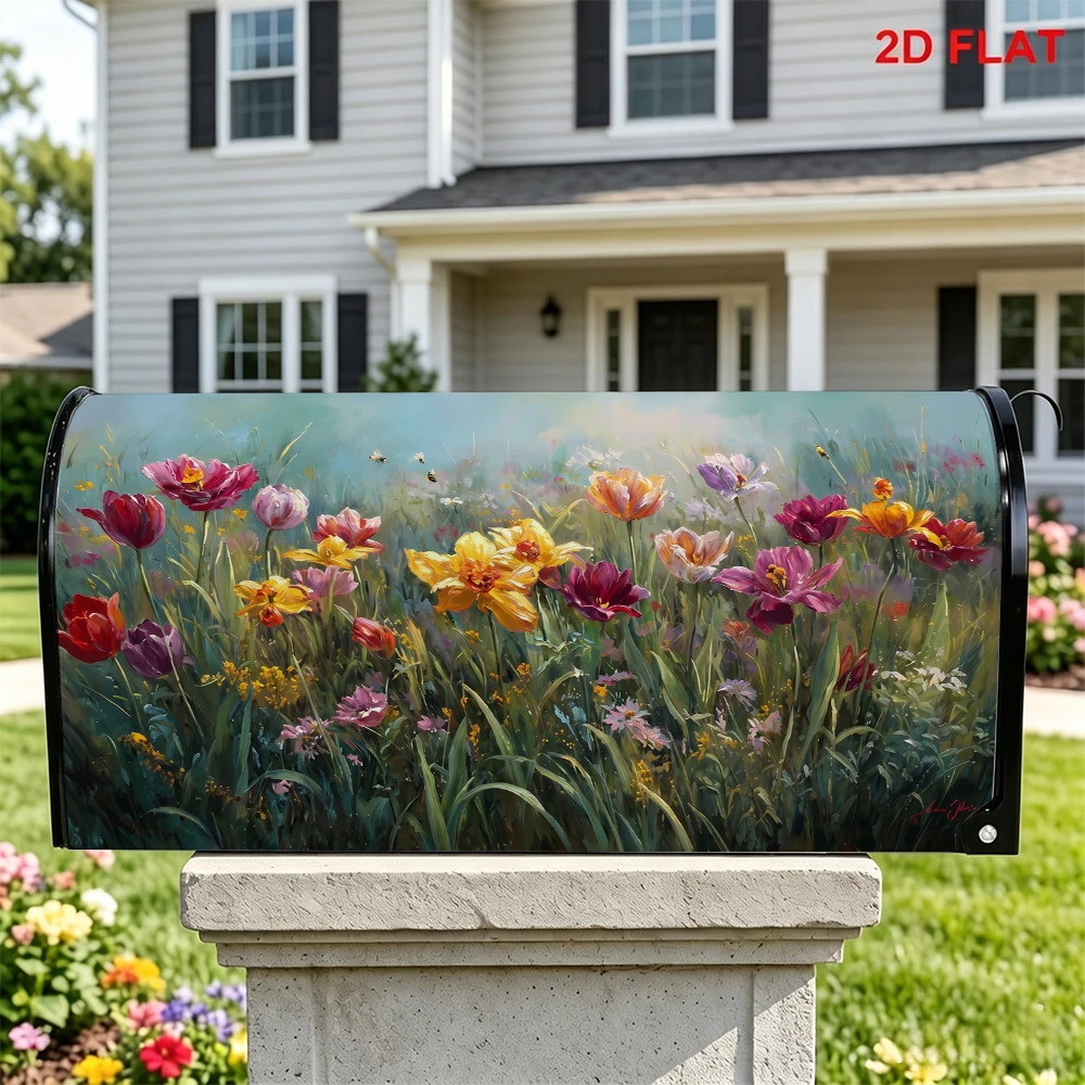 Spring Flower Oil Painting Mailbox Cover, Tulips Daylilies Bees Floral Pattern
