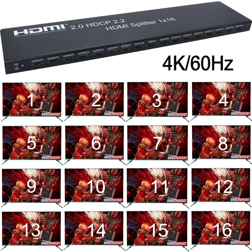 

HDMI 2.0 1x16 HDMI Splitter Adatper 4K 60Hz 3D HDR 1080P 1 To 16 Video Distributor Converter for PS4 DVD Laptop PC To TV Monitor