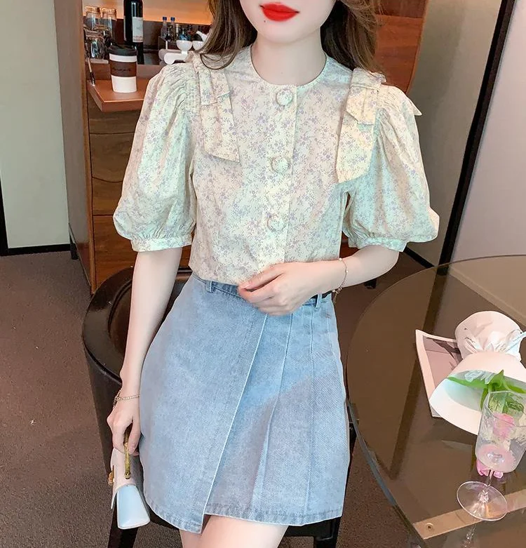 Fashion Floral Bubble Sleeve Shirt Women\'s Summer Design Niche French Style Top New Youthful and Beautiful Chiffon Shirt