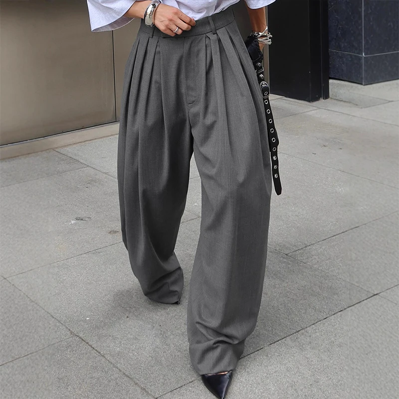 

OMSJ Women French Commuter Pleated Suit Pants Fashion Solid Gray Loose Fitting Zipper Versatile Trouser Leisure Retro Streetwear