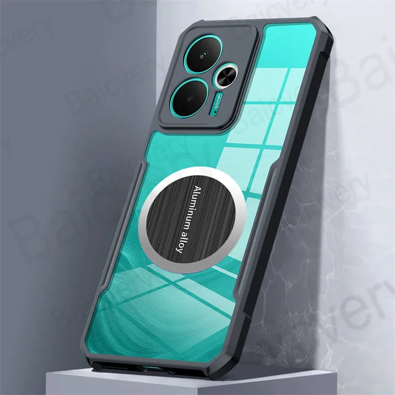 ل Realme 14 5G RMX5075 14T RMX5078 غطاء أكريليك شفاف مع ملصق جذب مغناطيسي معدني