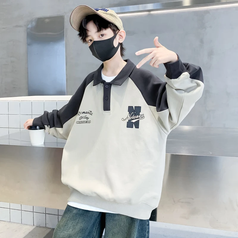 Fashion Child Cotton Polo Sweatshirt for Teenage Boy Autumn Outfit Wholesale Kids Clothing Age 5 6 7 8 9 10 11 12 13 14 Years