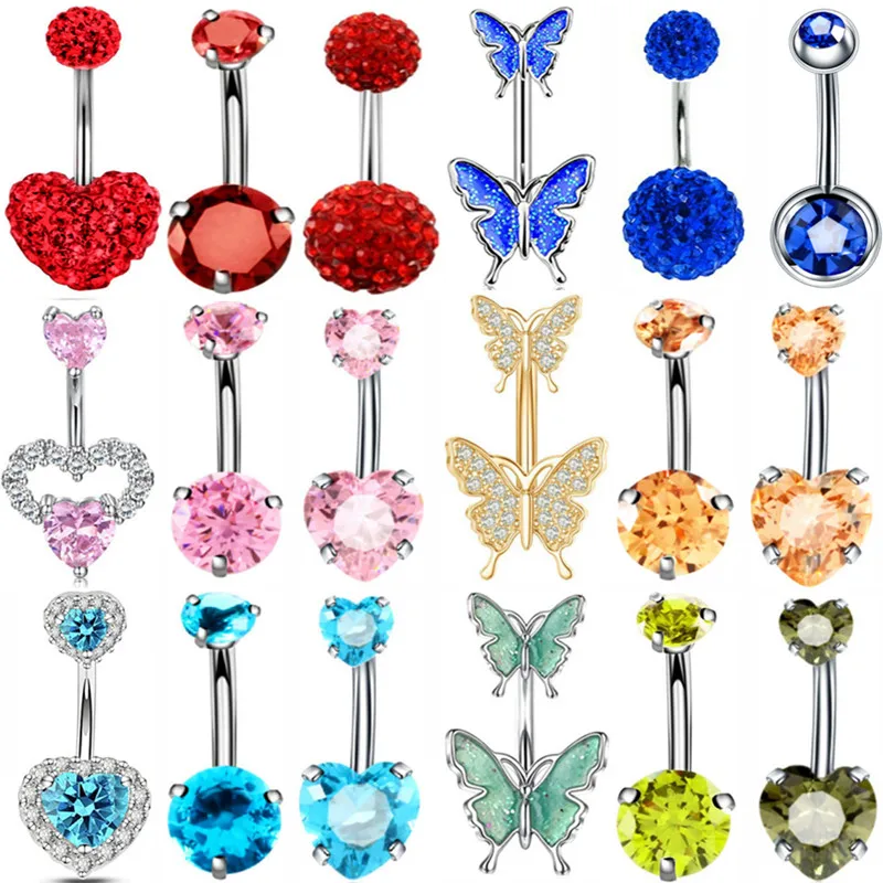 3PCS Pink Crystal Belly Button Rings Set Royal Blue Belly Piercing Pack Butterfly Navel Barbell Bulk Women Cute Belly Ring Lot