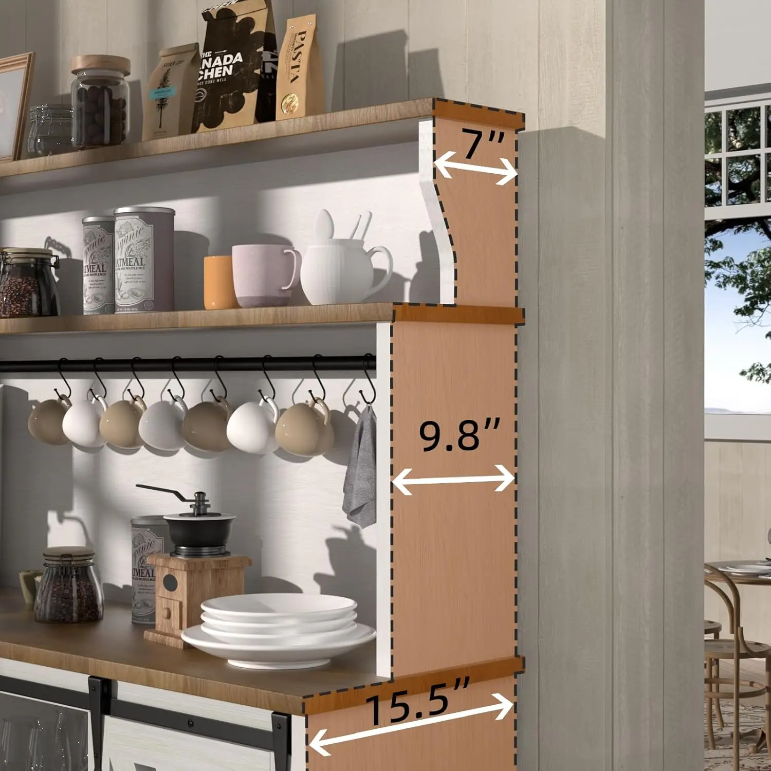 55인치 농가 스타일 커피 바 캐비닛, 3단 선반, 슬라이딩 헛간 문, 와인 랙 12개 및 후크 9개 포함