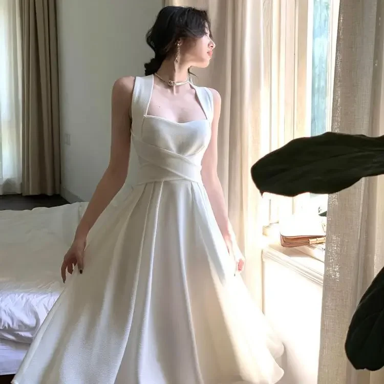 Elegant White Cross Strapless Dress Women's Summer Slimming Empire Waist Long Gown Gentle Neck Hanging Polyester Fiber