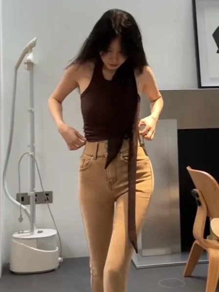 Champagne Color High Waist Denim Jeans Women's Elastic Slimming Lengthening Retro Tight Nine Point Cuffed Pants