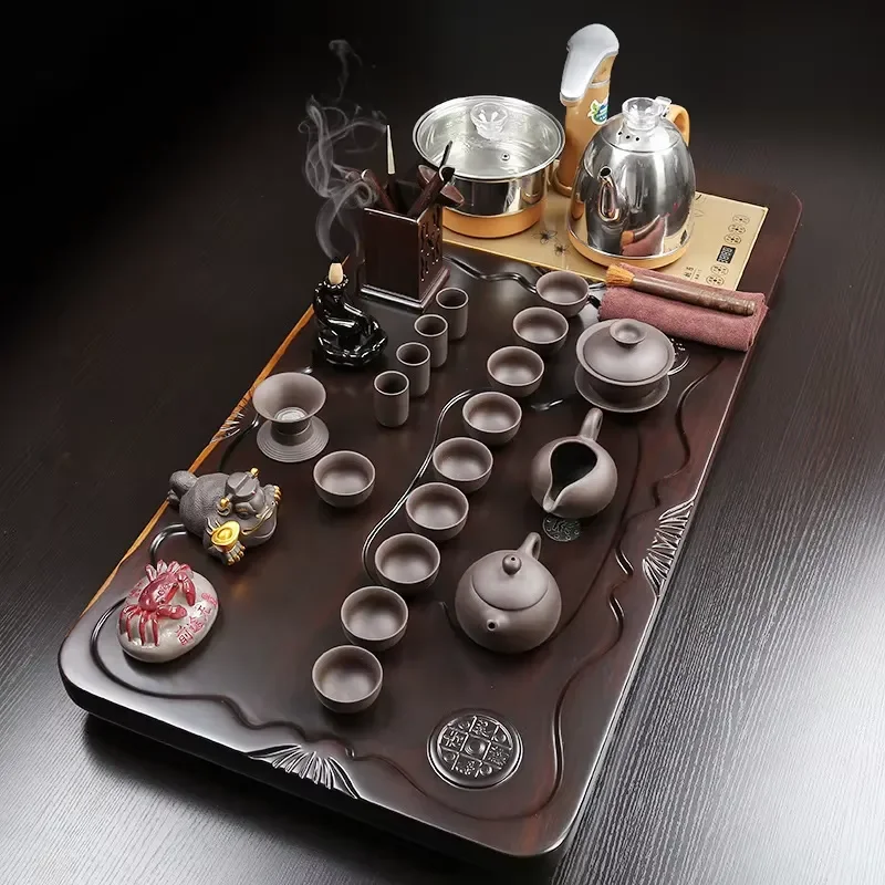 Automatic Ebony Tea Tray Set with Cover for Home Office Kung Fu Tea Board Whole Set Accessories Wooden Tea Table Mat Decor