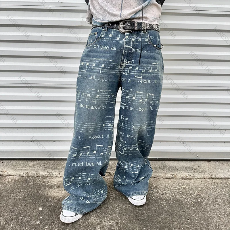 

European and American street wear trendy fashionable loose and versatile casual jeans retro high street subculture casual pants