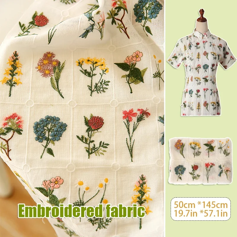 50x145cm White Cotton Mesh Color Plant Flower Embroidered Lace Fabric Clothing Skirt Dress Cheongsam Tablecloth Background Cloth