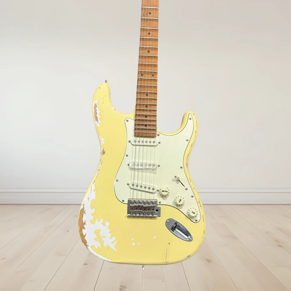 ﻿   Grande valeur haute qualité faire vieille guitare électrique ST jaune touche en palissandre