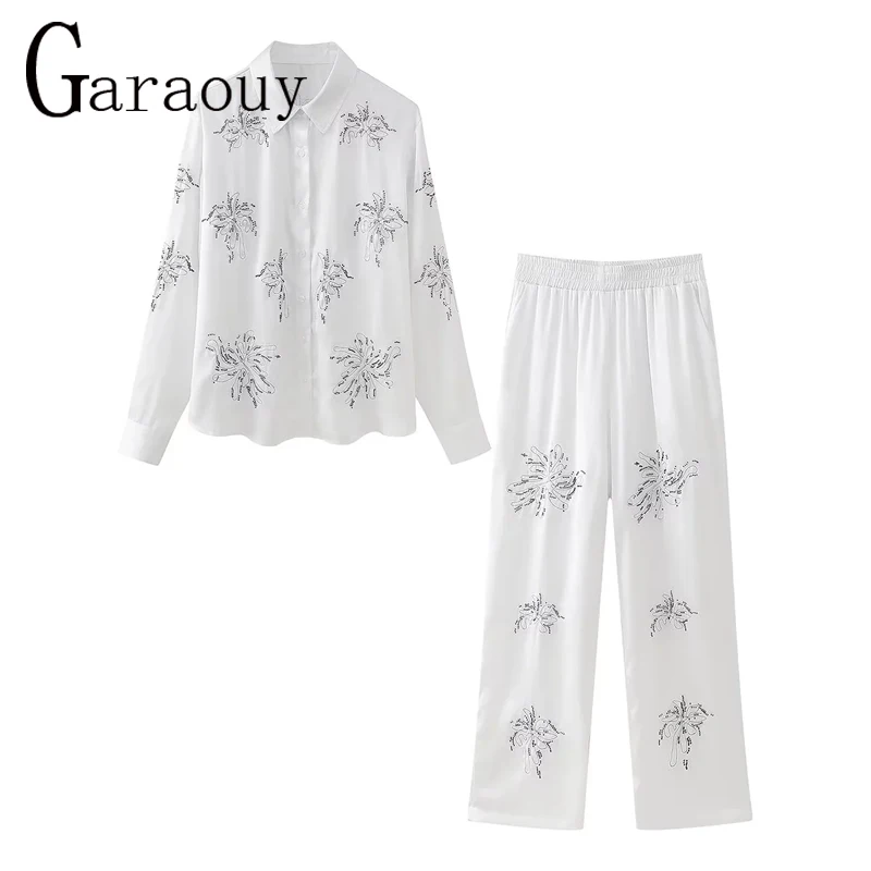 Garaouy Chic Bead Embroidery 2 Piece Pants Set Women Long Sleeve Lapel Tops High Waist Pants 2024 Lady Casual Vacation Outfit