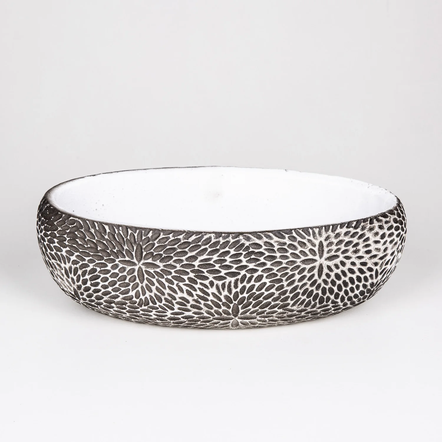 Oval tumbled flower motif Oval Eskitme concrete flower pot 33x10x17 Cm