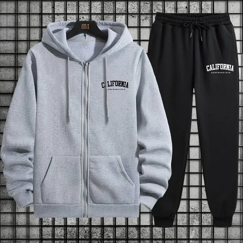 Autumn Winter Sportswear California Mens Sporty Tracksuit Set 2026 New 2 Pieces Zipper Hoodie Sweatpants Urban Streetwear Outfit
