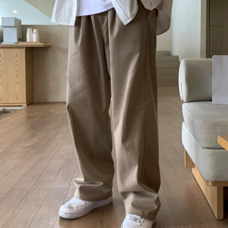 Men's Spring Summer Casual Pants Straight Leg Loose Wide Leg Trousers Korean Clean Fit Drawstring Elastic Waist