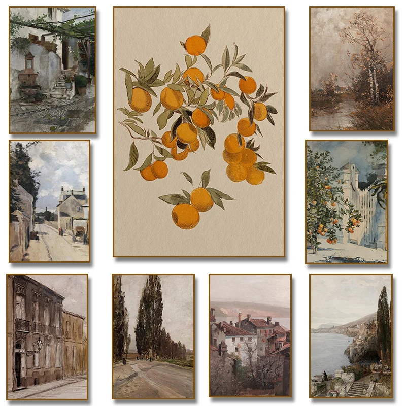 1pc framless Canvas Painting Orange Tree Mediterranean Architecture Fall Country French Cottage Landscape Poster Canvas Paint