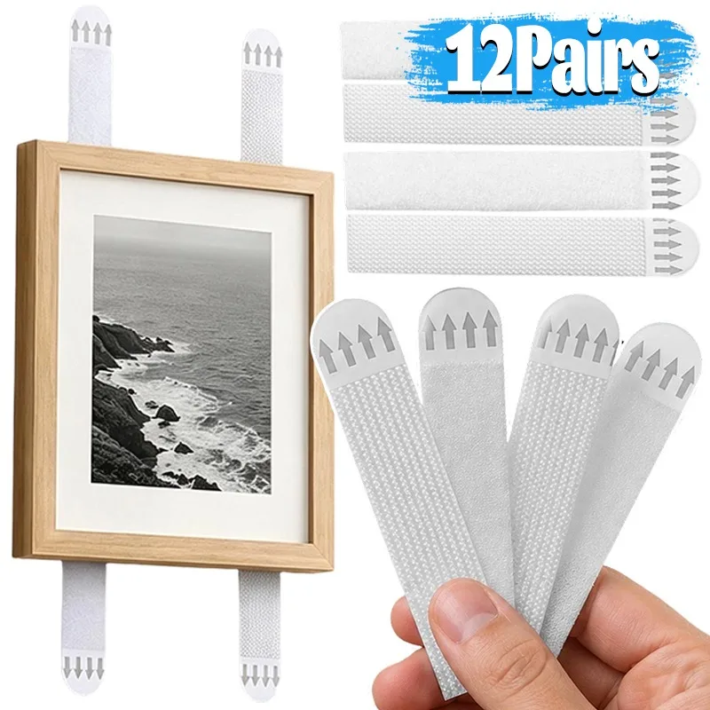 1/12Pairs Removable Adhesive Strips No Drilling for Wall Hooks Heavy Duty Nylon Velcro Hangers for Frame Decor Cables Indoor Use
