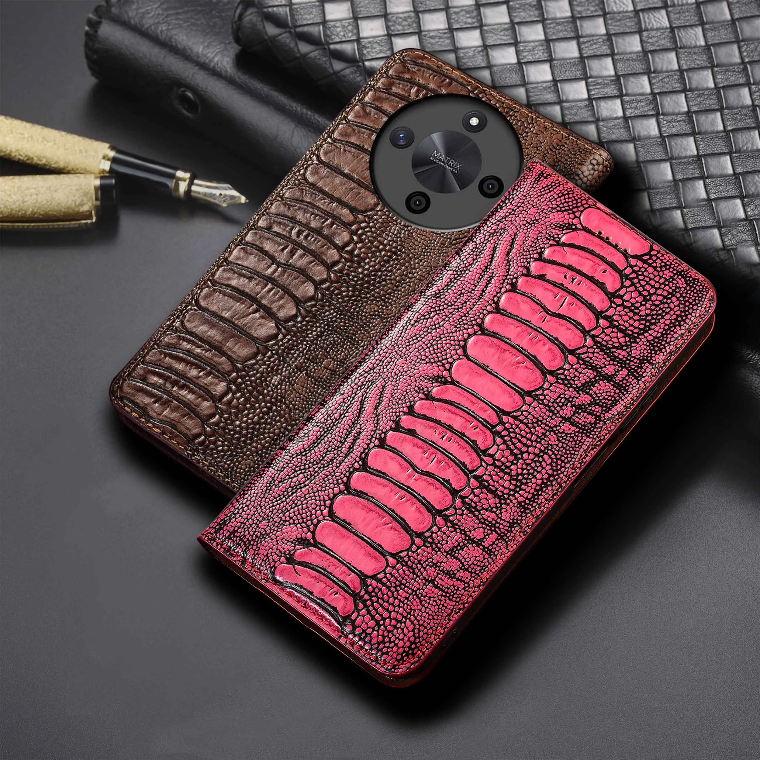 

For Honor X6A X6B X6C X7 X7A X7B X8 X8A X8B X8C X9A X9B X9C 4G 5G Plus Ostrich Feet PatternGenuine Leather Flip Phone Cover Case