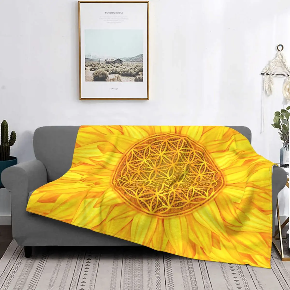 

Fleece Flower Of Life Sunflower Throw Blanket Warm Flannel Mandala Floral Sacred Geometry Blanket for Bedding Travel Couch Quilt