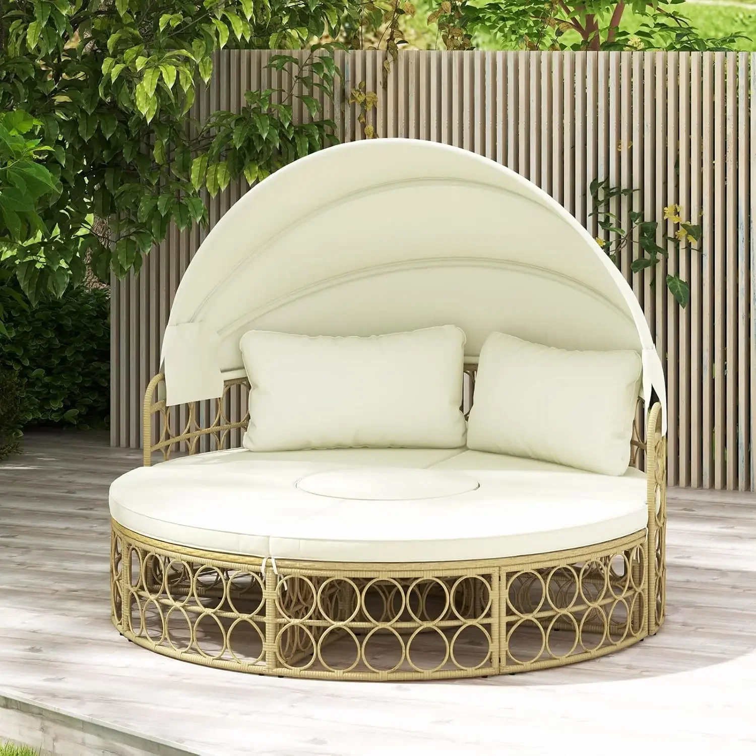 

Round Outdoor Daybed with Canopy - Wicker Rattan Sectional Sofa Sunbed w/Washable Cushions & 2 Pillows,Patio Day Bed
