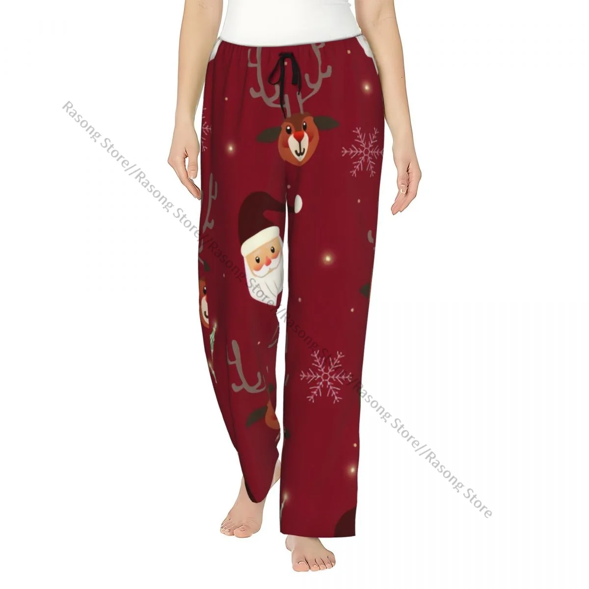 

Теплые женские пижамные штаны с рождественским рисунком Санта-Оленя и пива, штаны для сна, мягкая одежда для дома