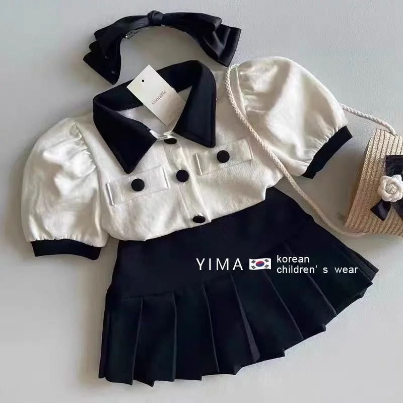 

Summer Little Girls Children Clothing Set Black White Two 2 Piece Set Tops+skirts Baby Clothes Kids Birthday Outfits For Women