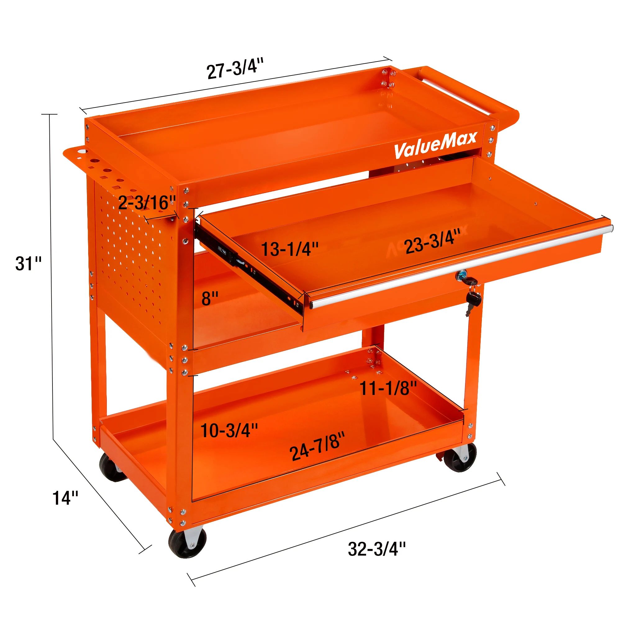 ValueMax Carro de herramientas rodante de 3 niveles y 350 LBS con ruedas, herramienta de utilidad resistente con cajón, estante para destornilladores, tablero perforado