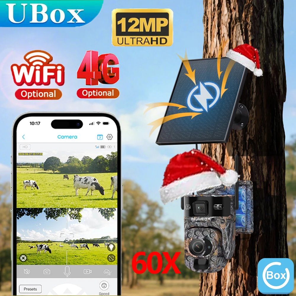 INQMEGA  6K 12MP 4G Solar Hunting Trail Camera 60X ZOOM Wireless Outdoor Wildlife Camera PIR Human Detection Tracking UBOX APP