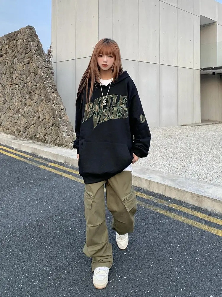 Letter Printing Female Clothes Text Tops Hooded Loose Baggy Long Pullovers Hoodies Sweatshirts for Women 90s Vintage Warm 2000s