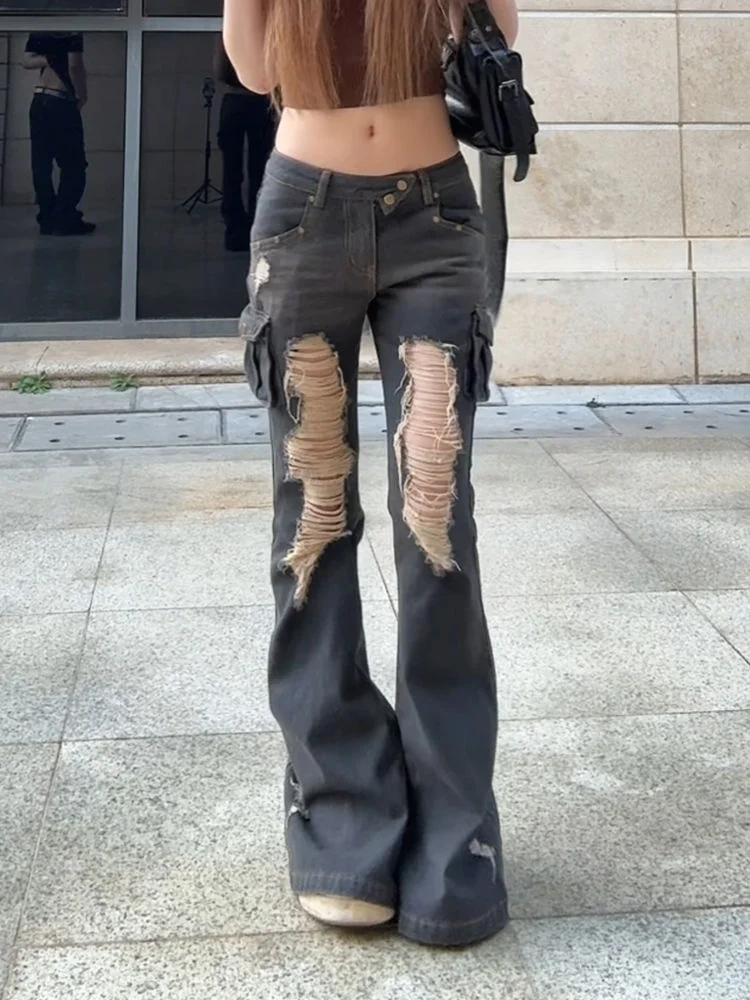 

2025 Cyber Y2K Streetwear Vintage Black Slim Ripped Cargo Jeans Pants For Women Clothing New Rock Low Rise Lady Denim Trousers