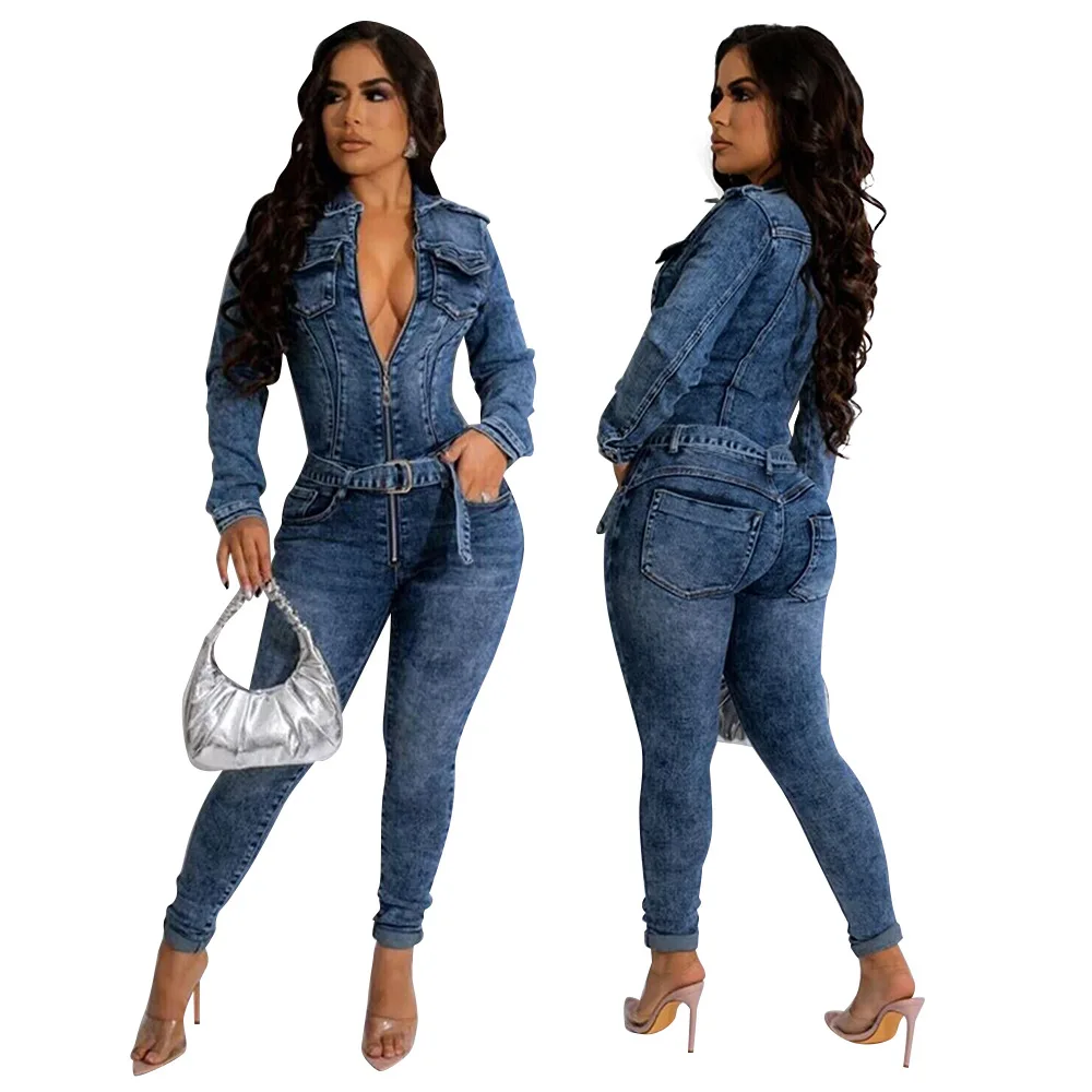 

Casual Women Jumpsuit With Belt Jeans Playsuit Zipper Slim Bodycon Streetwear Long Romper Women Jumpsuit Overalls