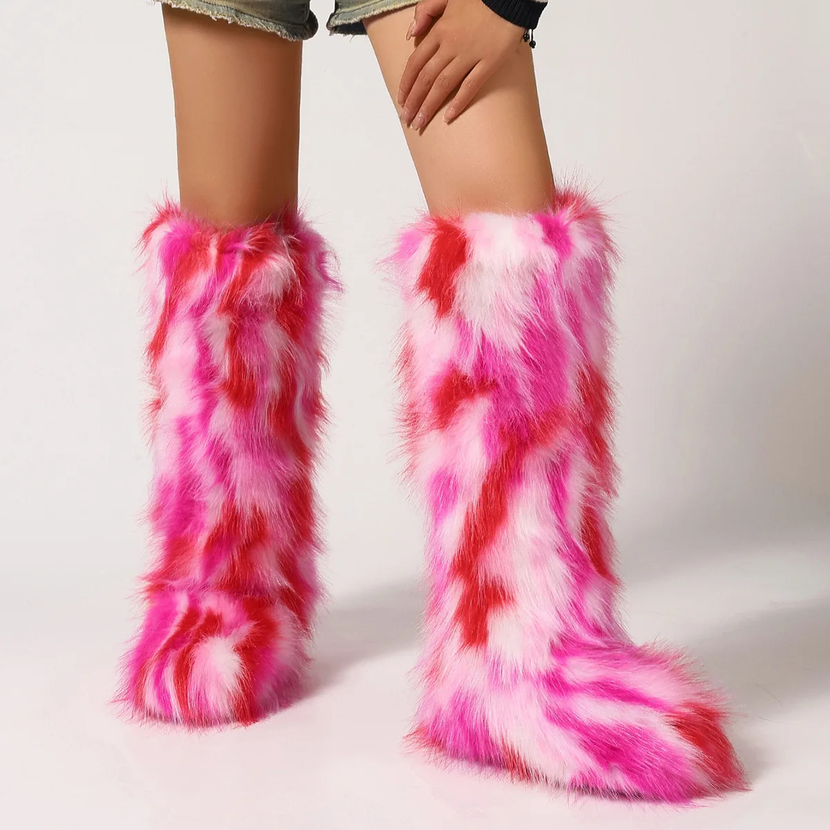 

Women Winter Fluffy Faux Fur Knee High Snow Boots Luxurious Fashion Warm Boots Outdoor Flat Non-slip Comfy Female Shoes
