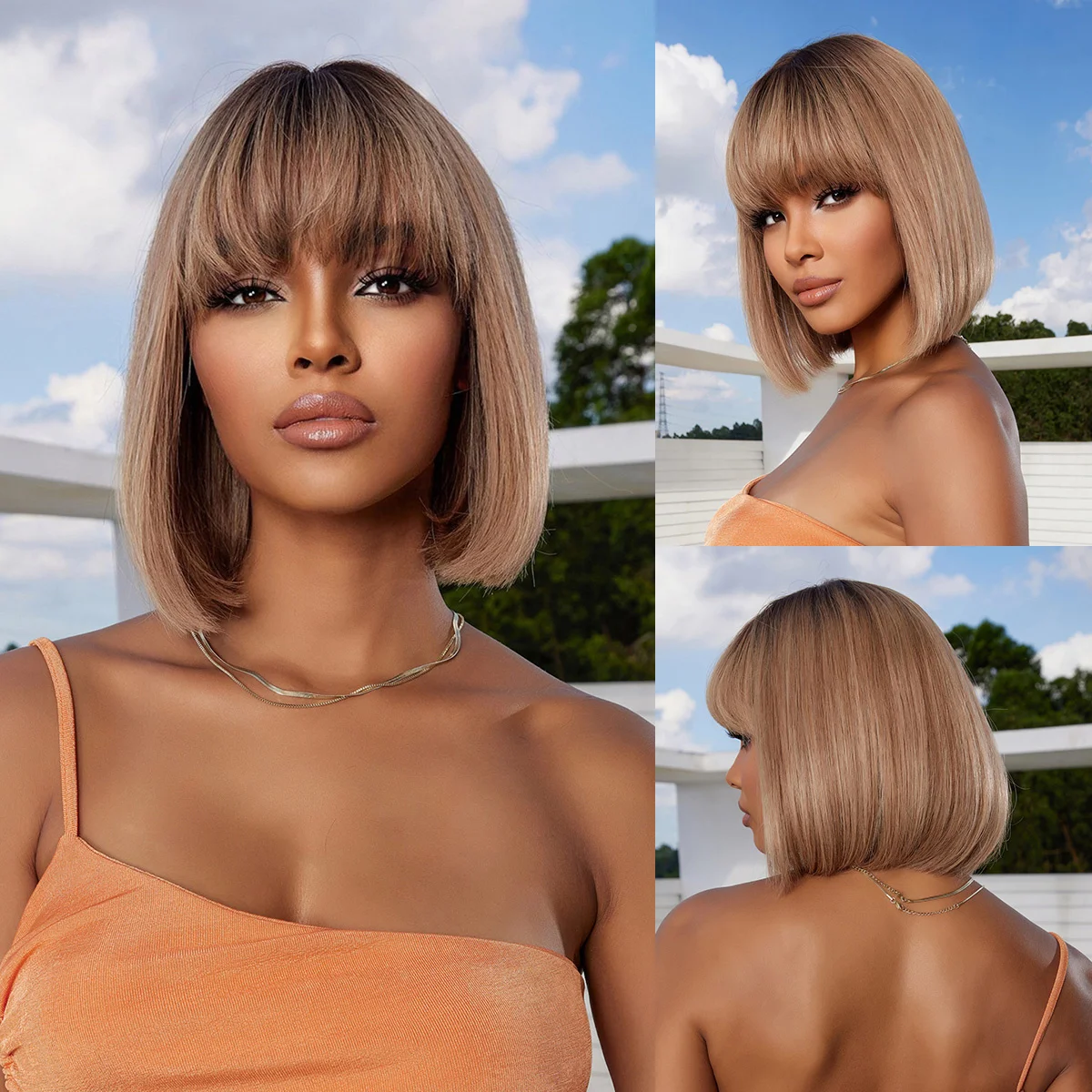 

Bob Ombre Brown Natural Straight Machine Made Wigs with Bangs Short 100% Remy Human Hair Brown 10inch Wig Daily for Women Afro
