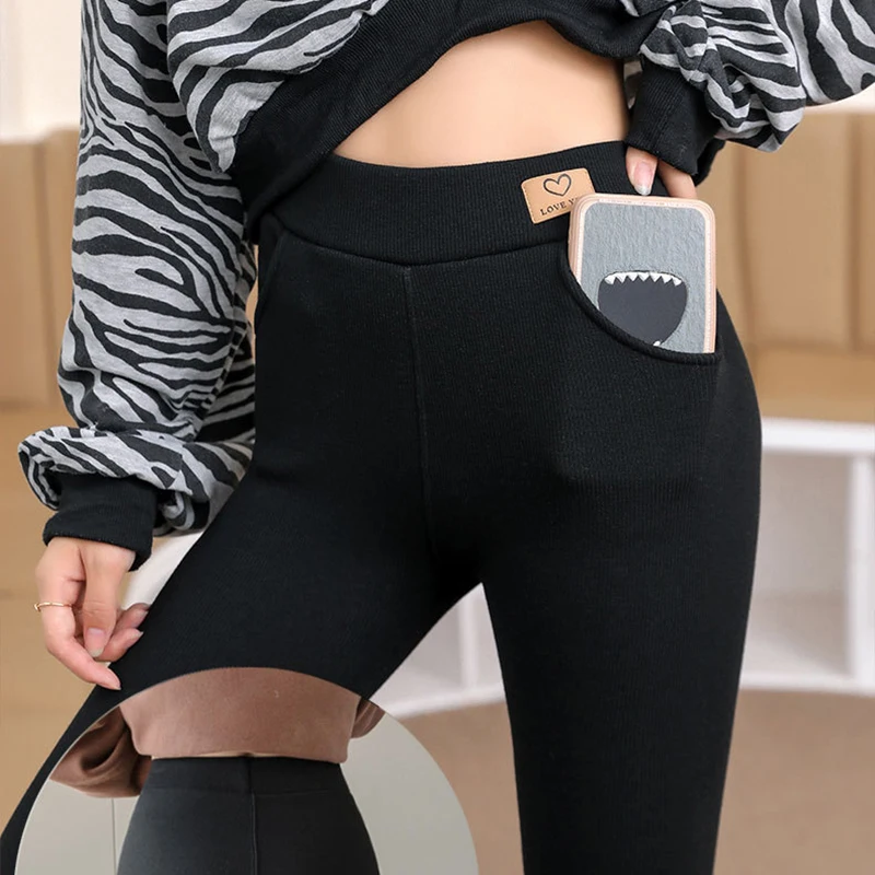 Women Fashion Pocket High-Waisted Leggings Autumn Winter Ribbed Cashmere Leggings Out Wear Korean Thicken Warm Leggings Woman