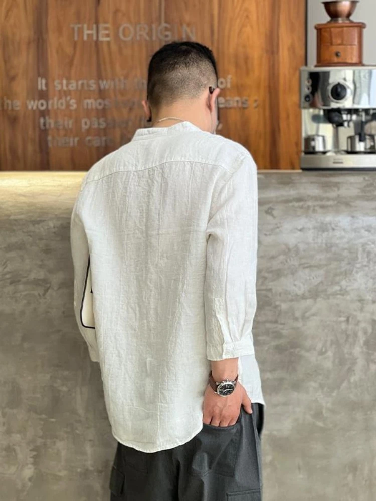 Men Stand Collar Shirt Vintage Design 3/4 Sleeve Loose Fit Summer Casual Breathable Button Down Top Lightweight Streetwear