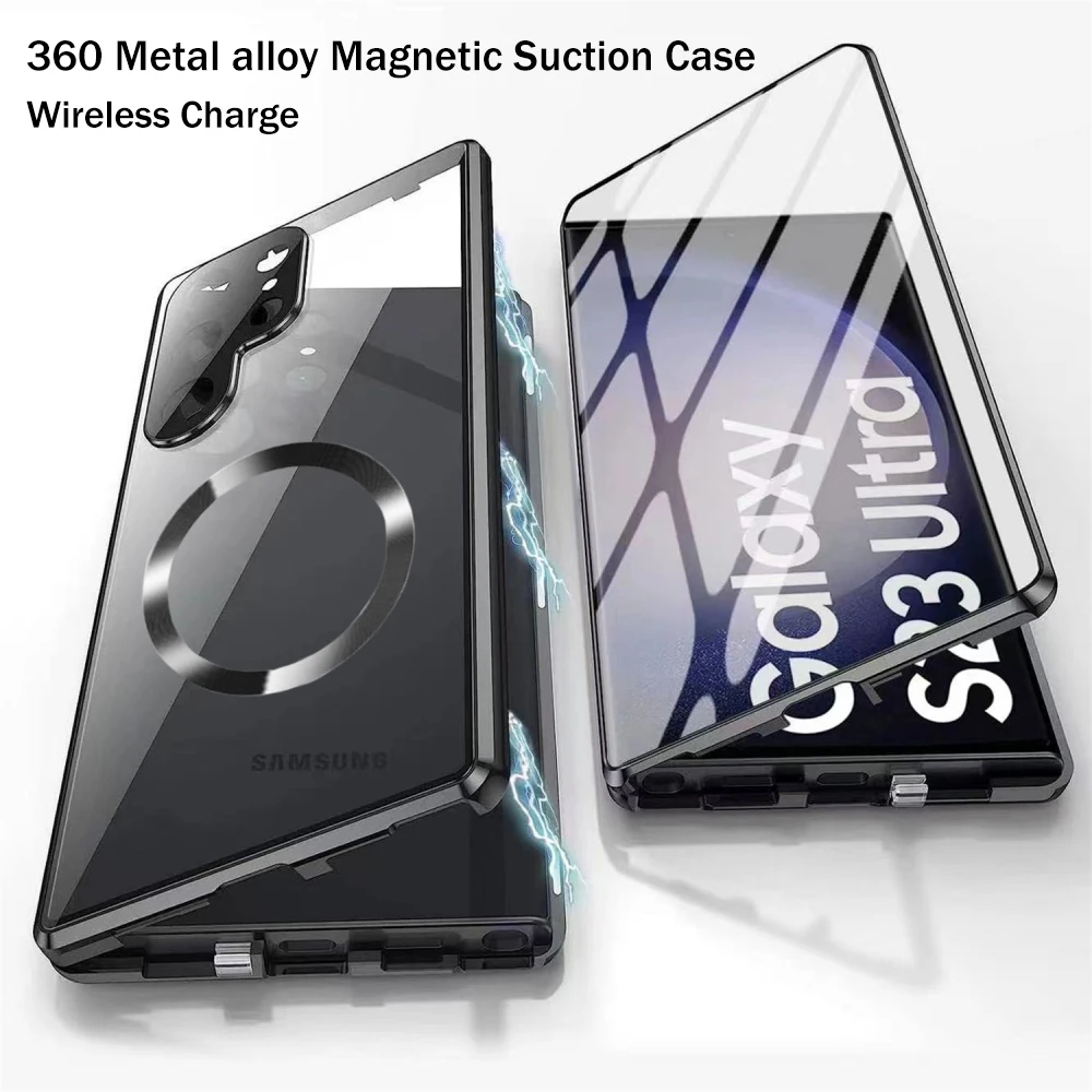 Samsung Galaxy S23, S22, S24 ultra case, magnetic, metal, aluminum alloy, 360 ° full screen, glass protection cover