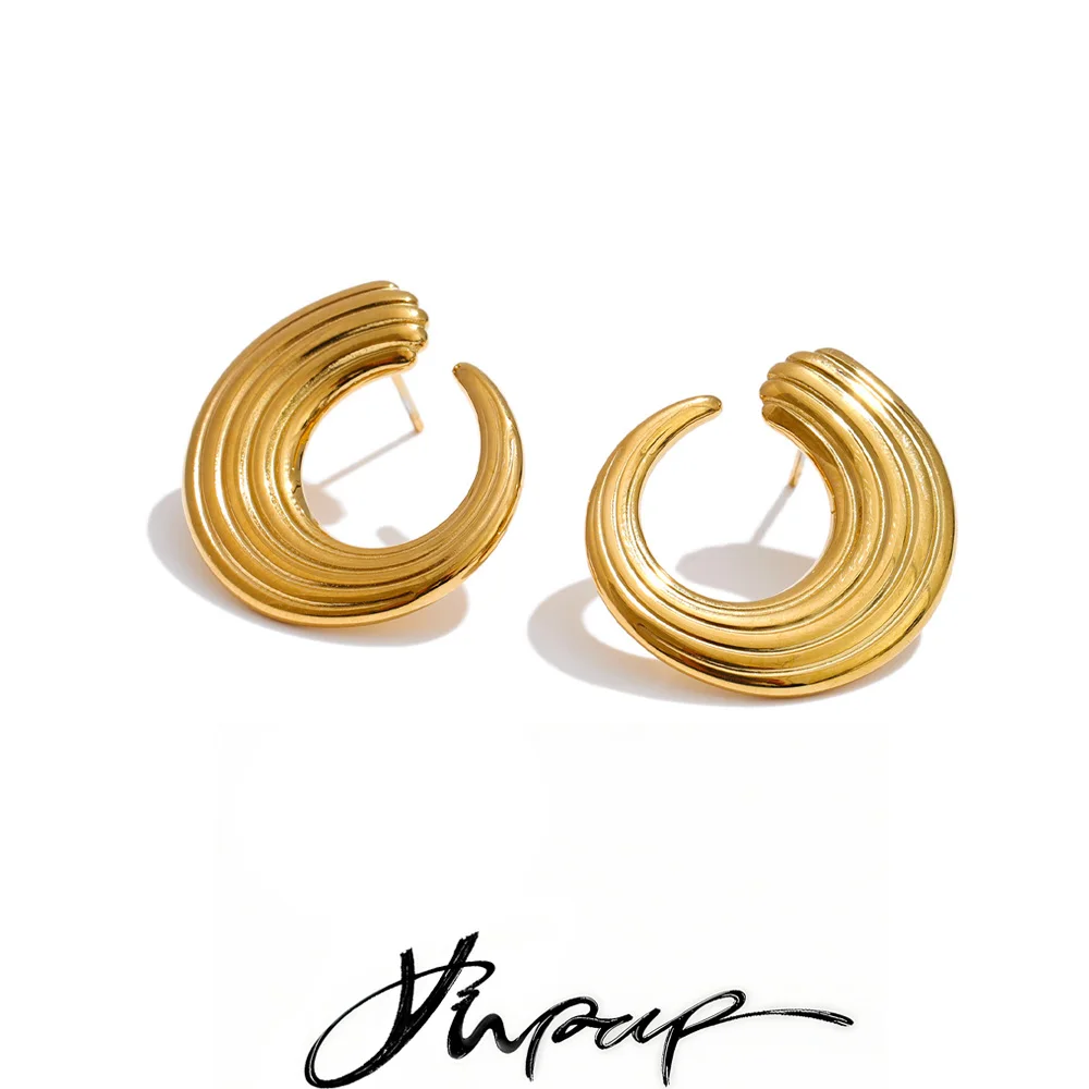Yhpup Stainless Steel Geometric Stripe Hollow Stud Earrings for All Occasions Anti Allergic Metal Simple Daily Modern Jewelry