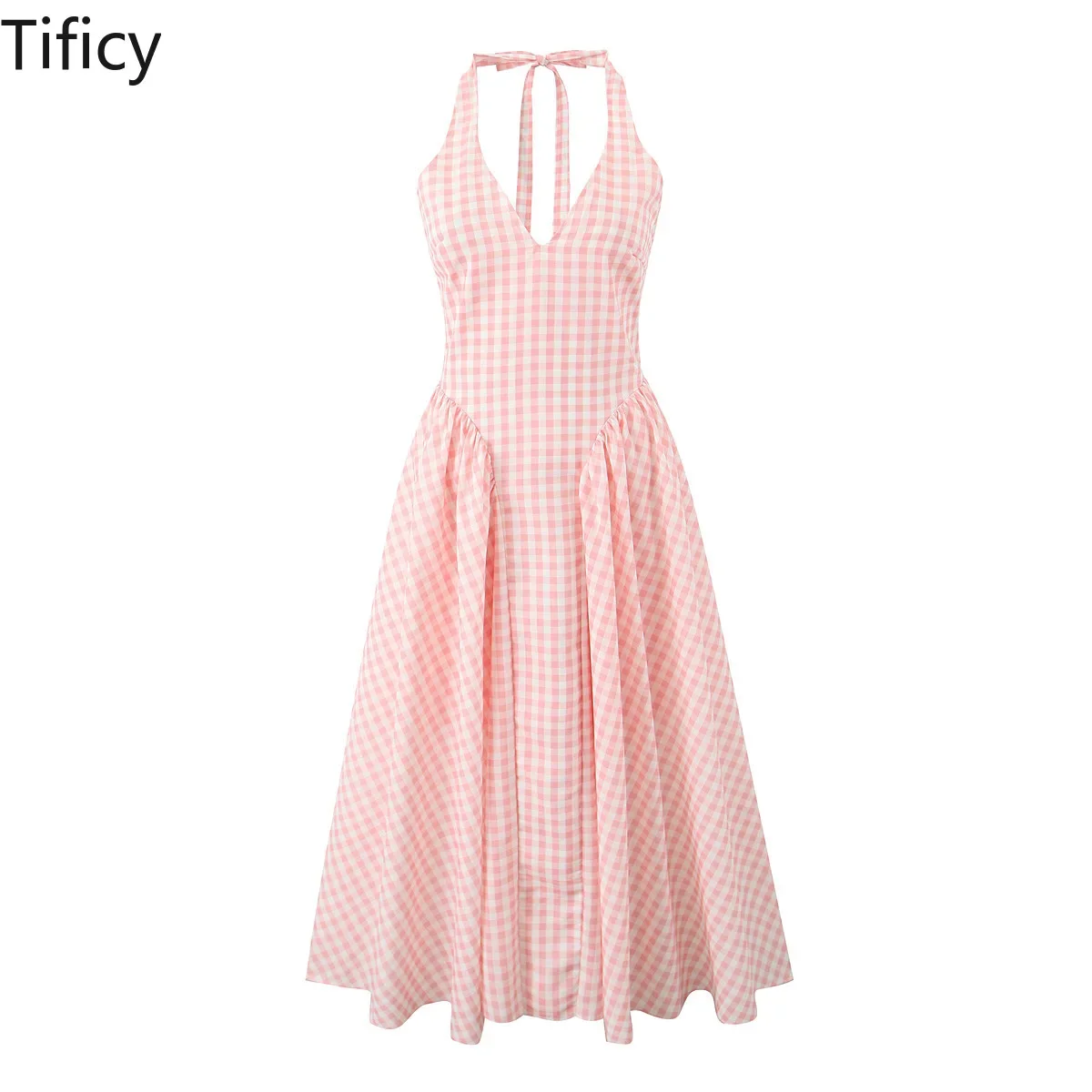 

TIFICY Summer Fashion Women's New French Retro Sexy Deep V-neck Pink Checkered Strap Hanging Neck Long Dress Vestido