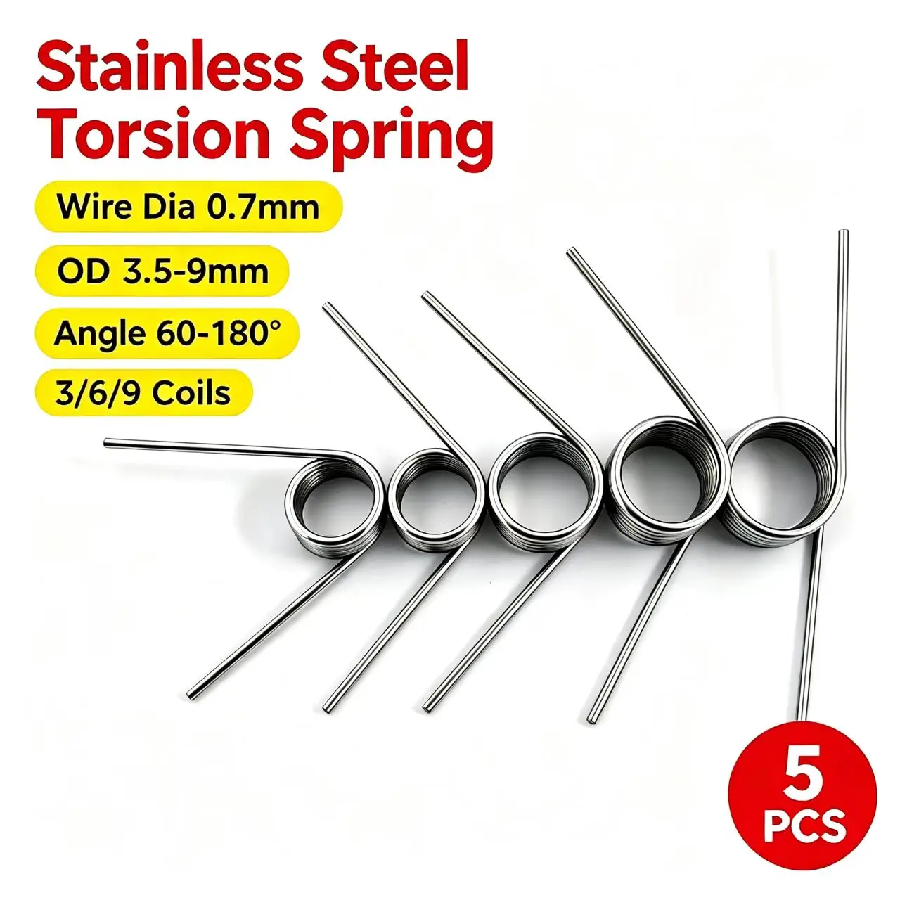 304 Stainless Steel Torsion Spring5Pcs Wire Dia 0.7mm OD3.5-9mm 3/6/9 Coils60-180 Degree Double Arm Torque Spring for Hinge Lid