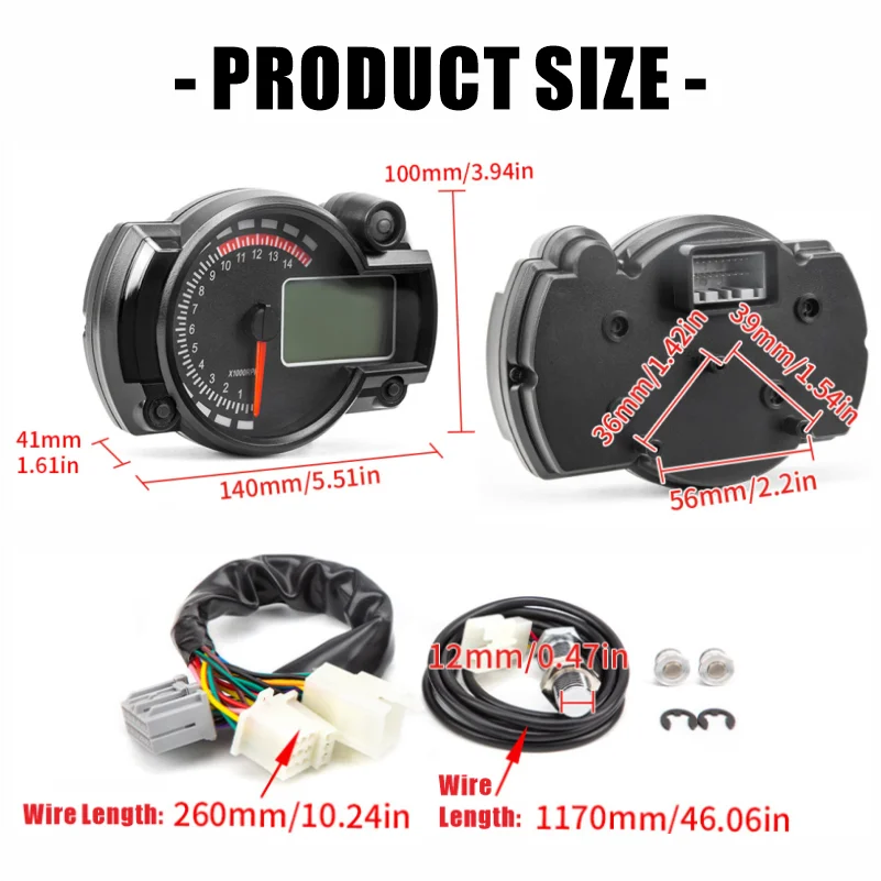 12V Universal Motorcycle Speedometer Tachometer 0-14000 RPM 7-Color Backlit LCD Digital Odometer Gauge Dashboard