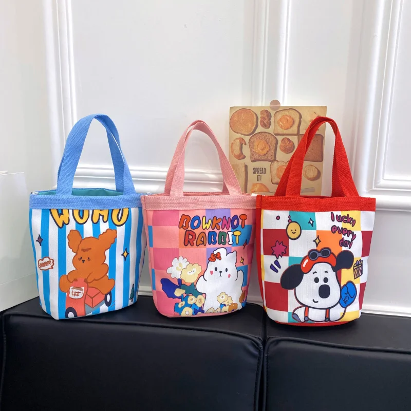 Sacolas pequenas para mulheres, balde de cachorro bonito, bolsa de lona portátil, saco Bento, mãe e crianças sacos para menina, bolsa de compras e bolsa