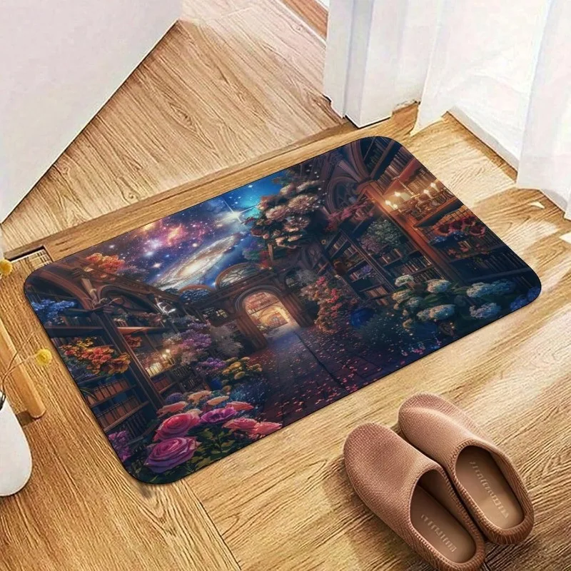 

3D Optical Illusion Starry Sky Library Door Mat Flowers Pattern Fantasy Decor Carpet Non-Slip Entrance Rug Indoor Outdoor Decor
