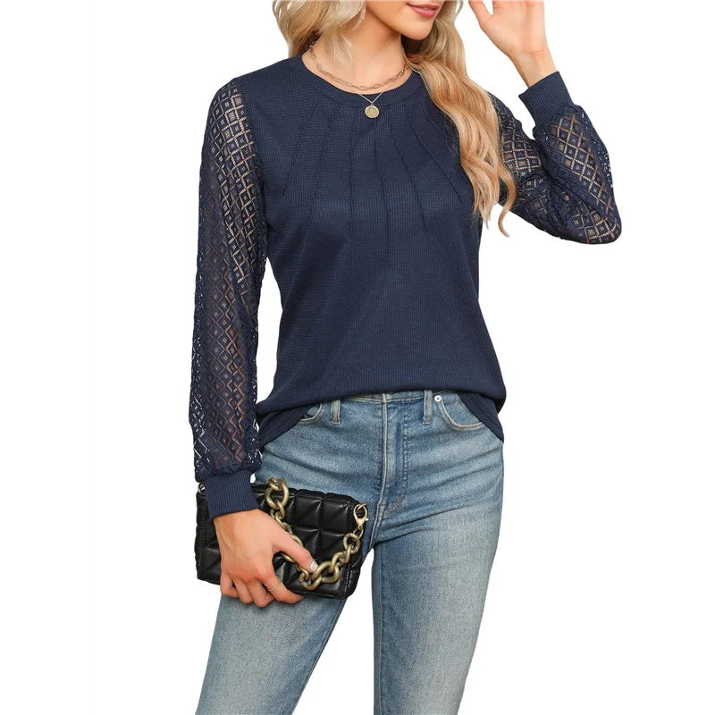 

CGS-женские вафельные вязаные топы, нарядные деловые повседневные блузки, кружевные рабочие рубашки с длинными рукавами, осенняя одежда