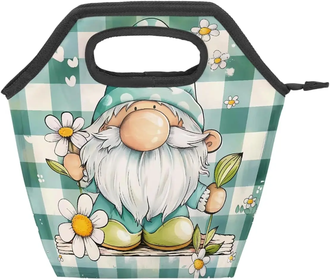 Lunch Bag Insulated Lunch Box Teal Gnome Daisy Plaid Waterproof Lunch Tote Bags for Kids Girls Boys Women Men