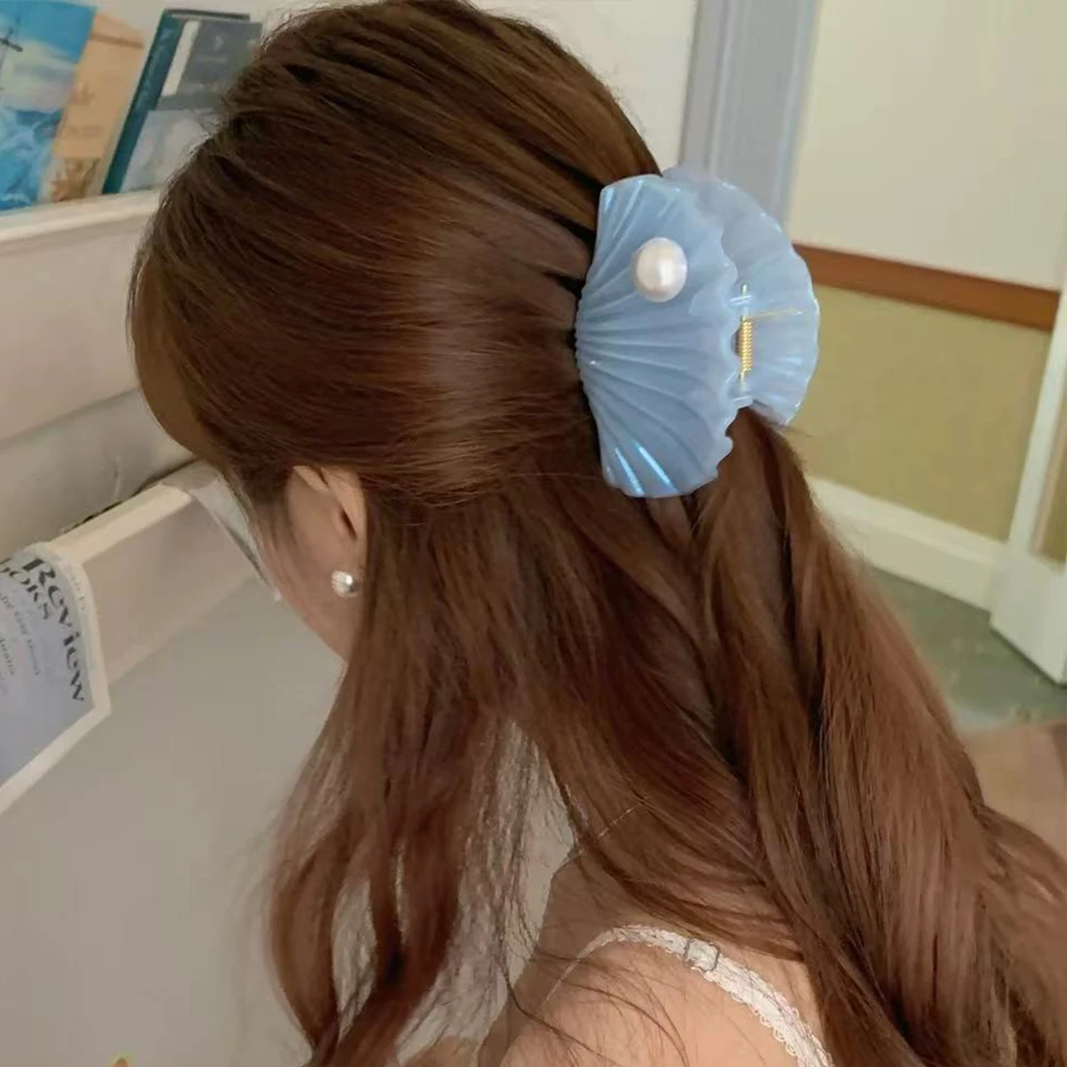 1 Stück Super Fairy Perlmutt-Muschel-Haarspange, neue Haarklammer, Haarspange für halbgebundenes Haar auf der Rückseite des Kopfes, Strand-Haarschmuck – Detail 3