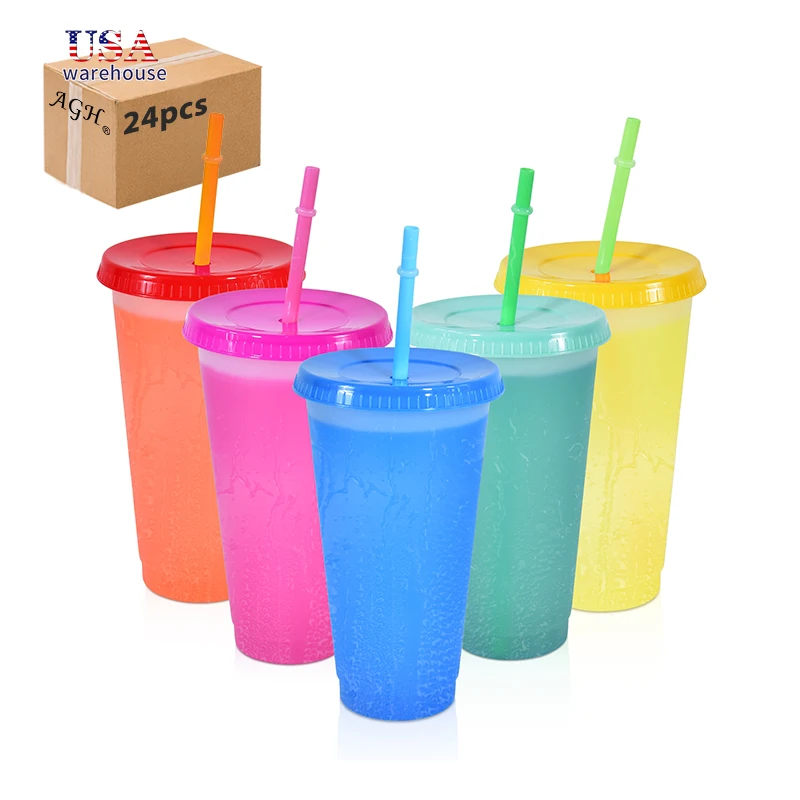 

25pcs Pack 25oz Reusable Summer Cold Color Changing Drink Cup Plastic Tumblers Cup With Lid and Straw