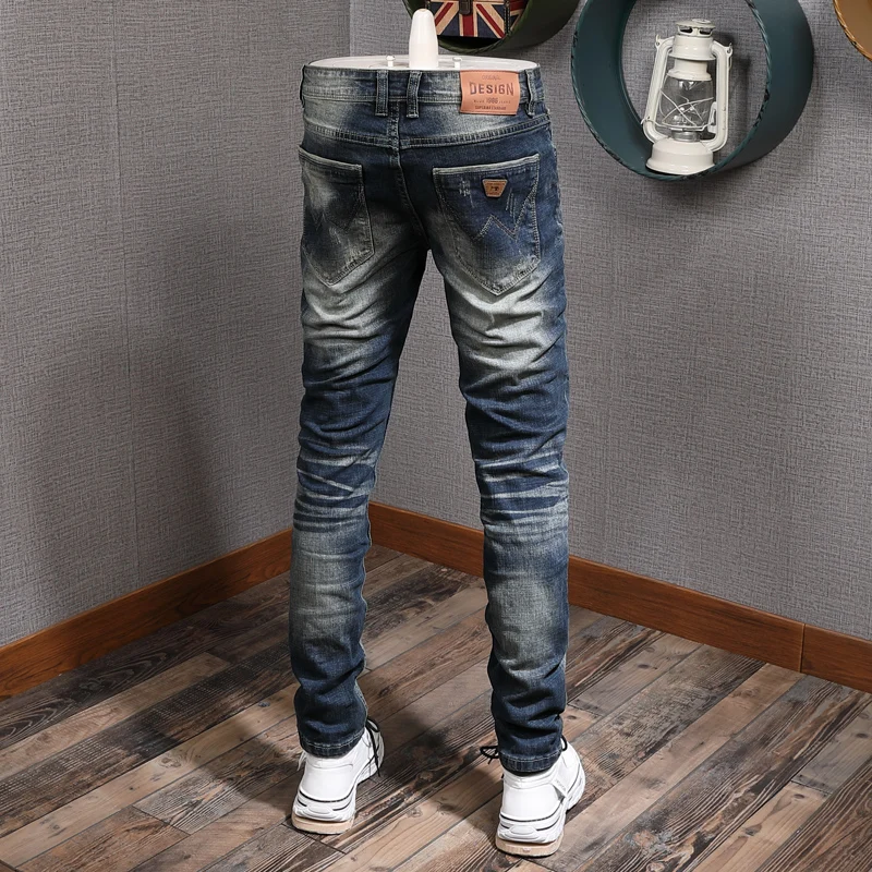 Fashion Trendy Men Jeans Retro Dark Blue Elastic Stretch Slim Fit Ripped Jeans Men Designer Trousers Vintage Denim Pants Hombre